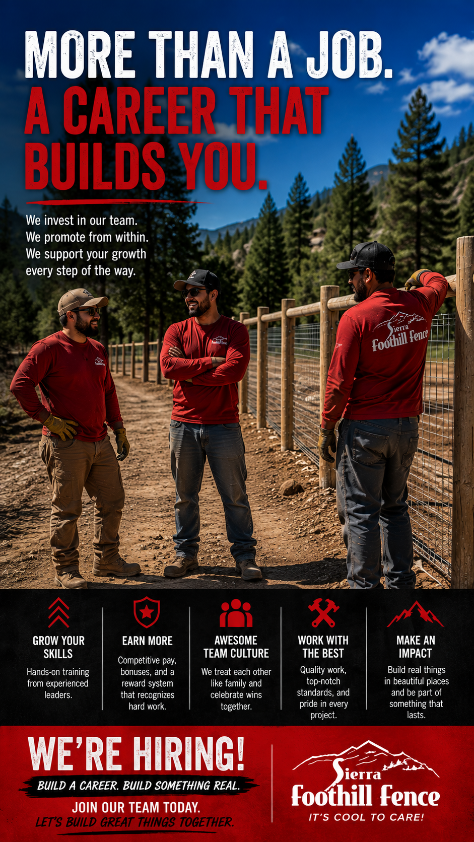 Three Sierra Foothill Fence team members at a mountain fencing job site